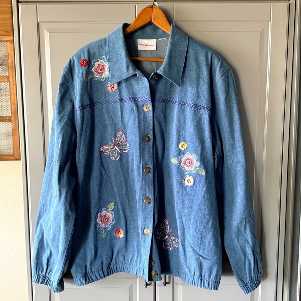 Alfred Dunner Vintage Women Embroidered Butterfly Floral Denim Jacket, Blue, XL